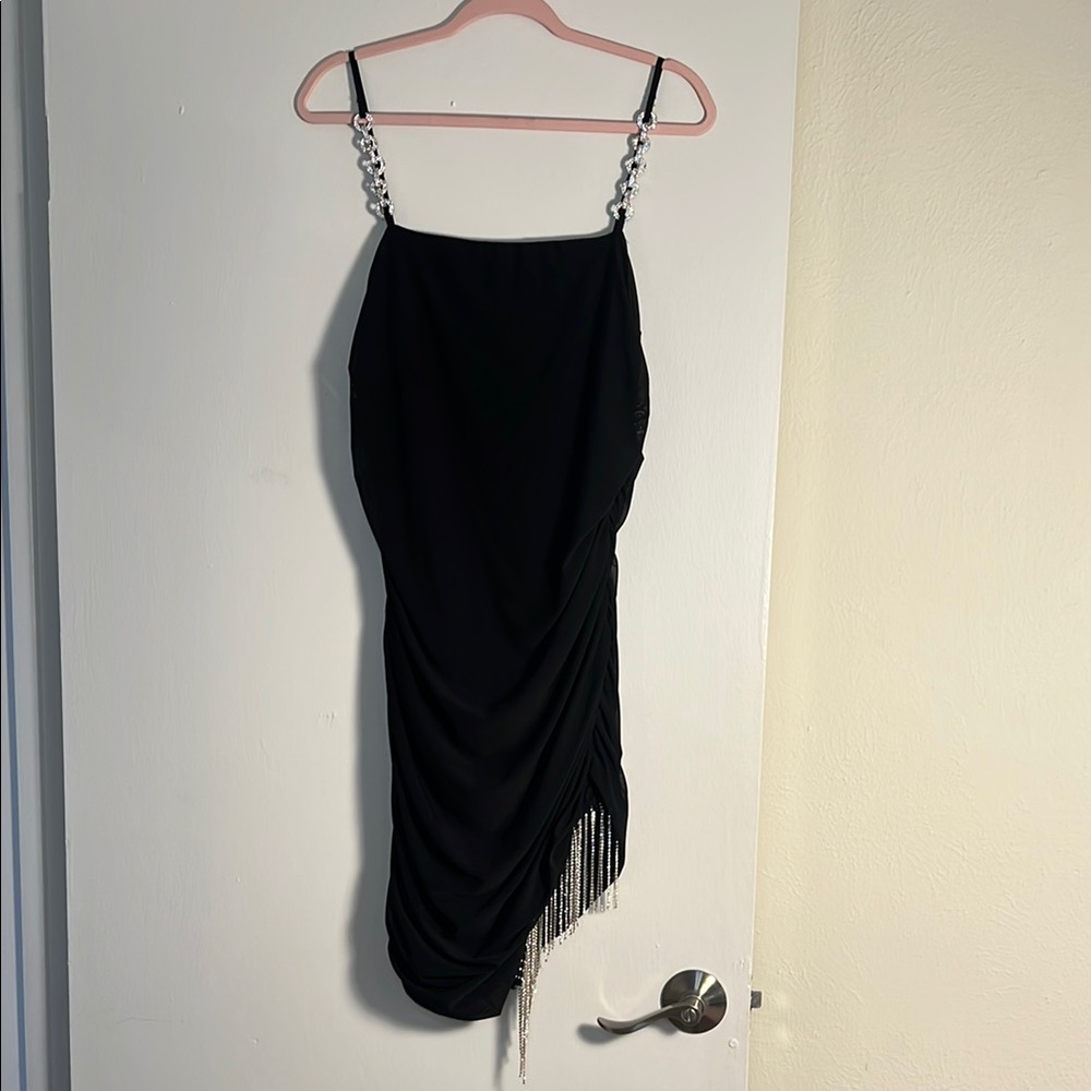 Ruched Dress w/Rhinestone Chain Straps & Dangly Hem